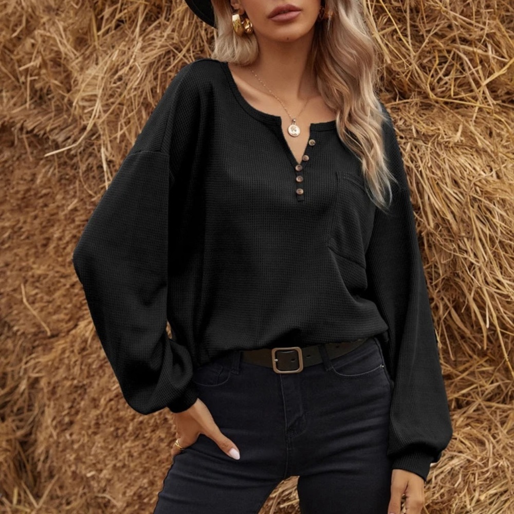 Waffle knit half placket button down henley long sleeve tee shirt boho oversized - Picture 13 of 14